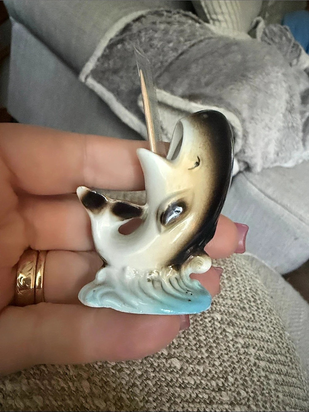 Vintage Whale Ceramic Figurine in White & Blue